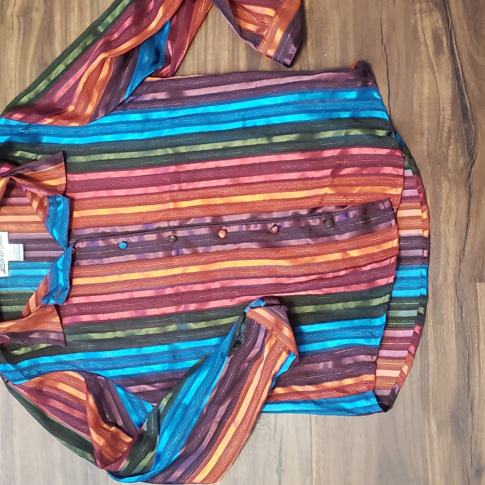 Yves St. Clair petites silk look striped button down blouse size 12p
